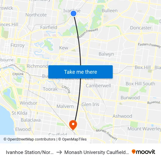 Ivanhoe Station/Norman St to Monash University Caulfield Campus map