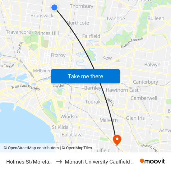 Holmes St/Moreland Rd to Monash University Caulfield Campus map