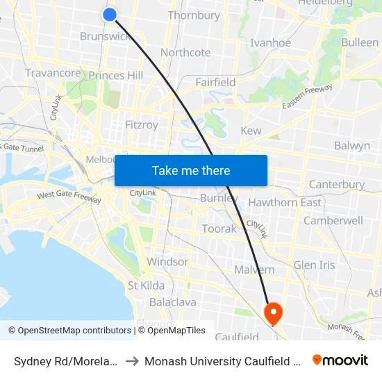 Sydney Rd/Moreland Rd to Monash University Caulfield Campus map