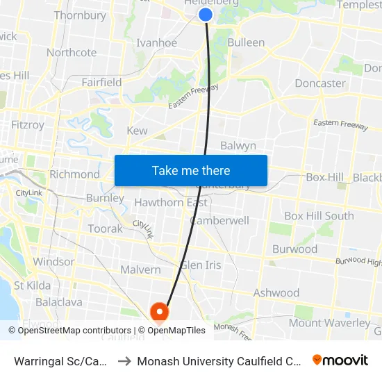 Warringal Sc/Cape St to Monash University Caulfield Campus map