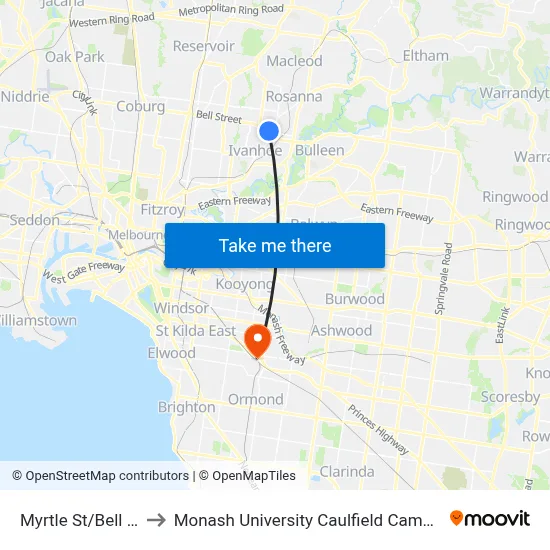 Myrtle St/Bell St to Monash University Caulfield Campus map