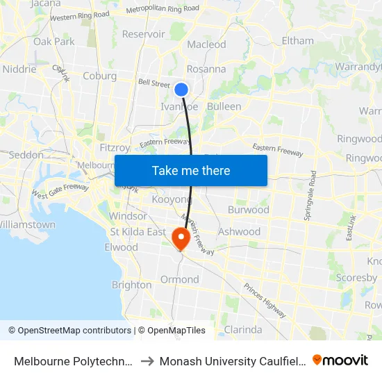 Melbourne Polytechnic/Bell St to Monash University Caulfield Campus map