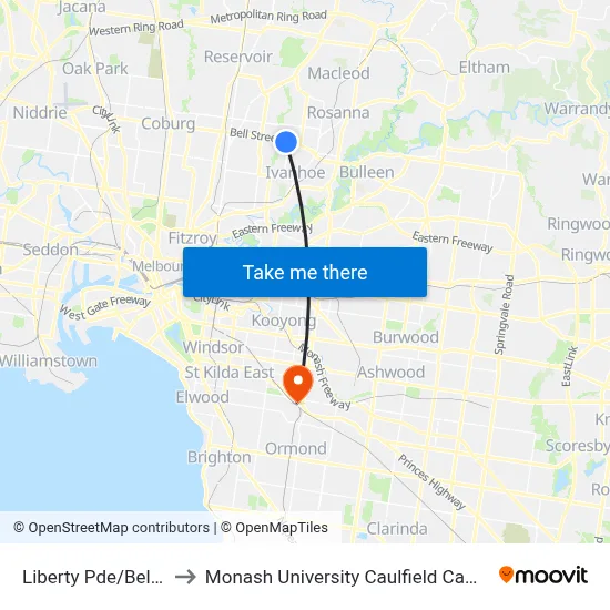 Liberty Pde/Bell St to Monash University Caulfield Campus map