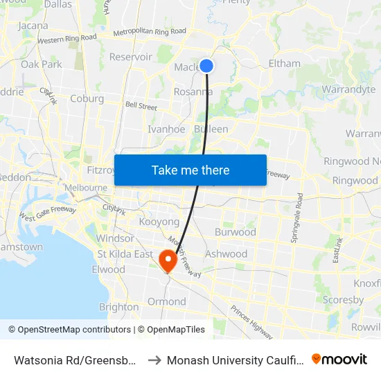 Watsonia Rd/Greensborough Hwy to Monash University Caulfield Campus map
