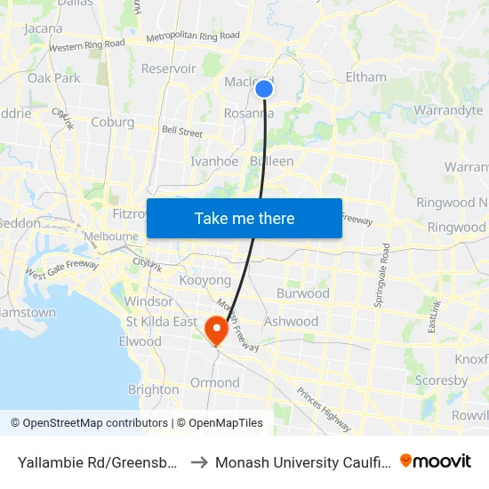 Yallambie Rd/Greensborough Hwy to Monash University Caulfield Campus map