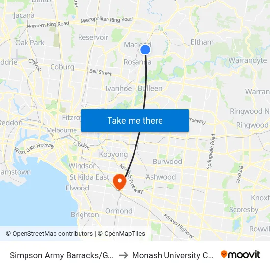 Simpson Army Barracks/Greensborough Hwy to Monash University Caulfield Campus map