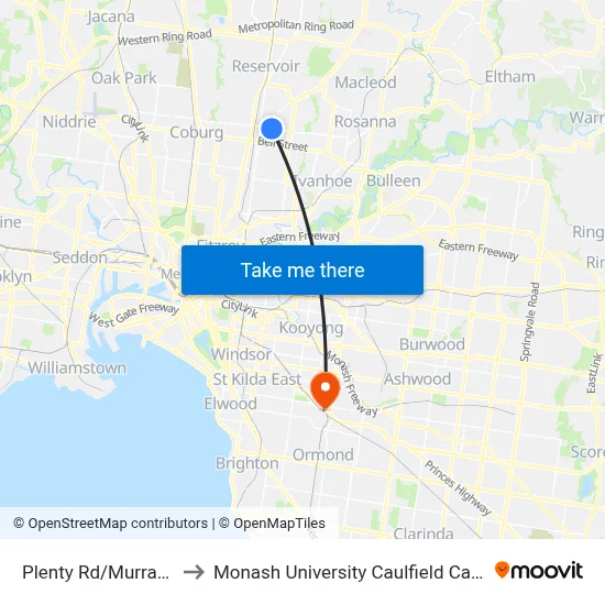 Plenty Rd/Murray Rd to Monash University Caulfield Campus map