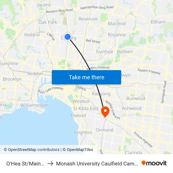 O'Hea St/Main St to Monash University Caulfield Campus map