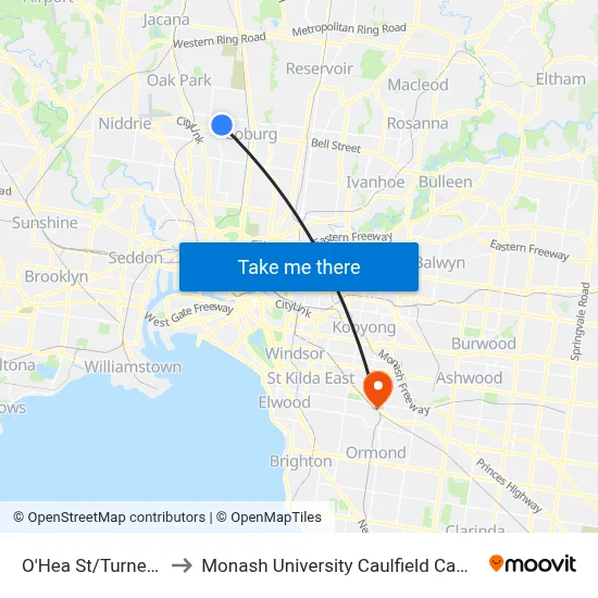 O'Hea St/Turner St to Monash University Caulfield Campus map