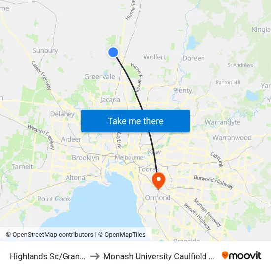 Highlands Sc/Grand Bvd to Monash University Caulfield Campus map