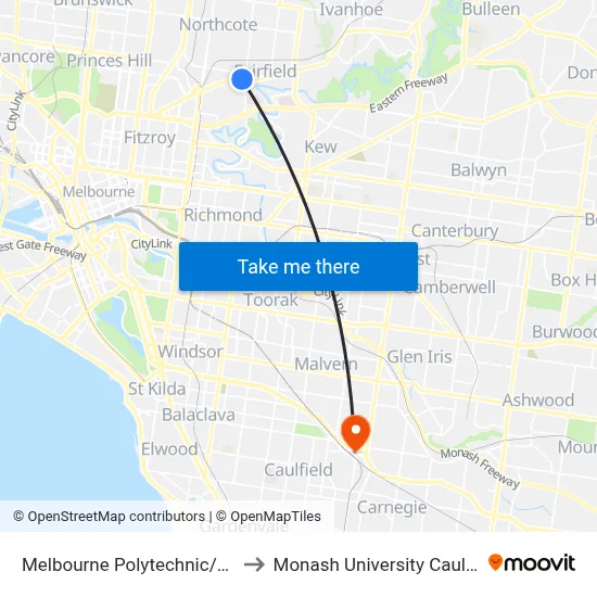 Melbourne Polytechnic/Heidelberg Rd to Monash University Caulfield Campus map