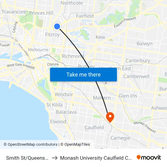 Smith St/Queens Pde to Monash University Caulfield Campus map