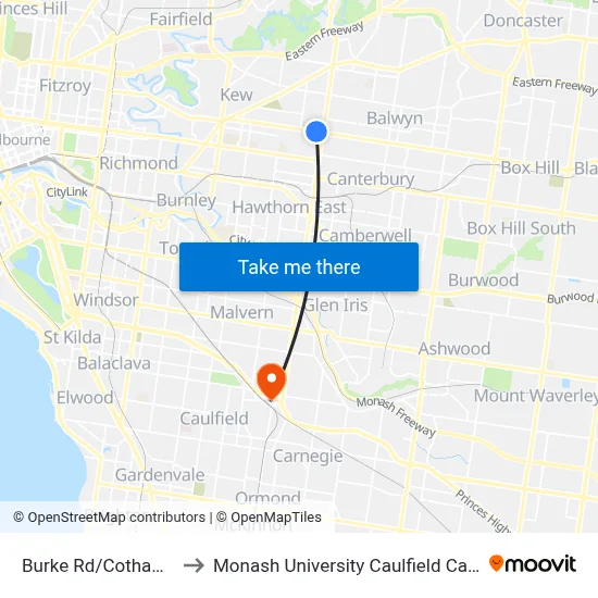 Burke Rd/Cotham Rd to Monash University Caulfield Campus map