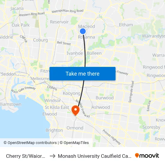 Cherry St/Waiora Rd to Monash University Caulfield Campus map