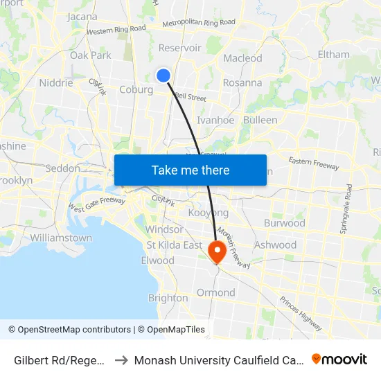 Gilbert Rd/Regent St to Monash University Caulfield Campus map