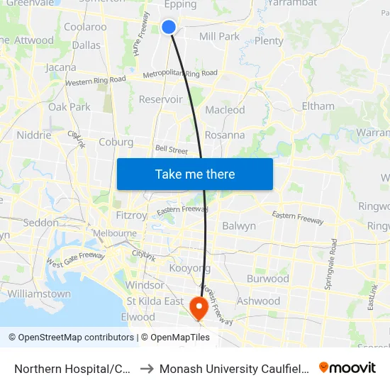 Northern Hospital/Cooper St to Monash University Caulfield Campus map