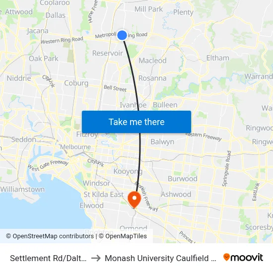 Settlement Rd/Dalton Rd to Monash University Caulfield Campus map