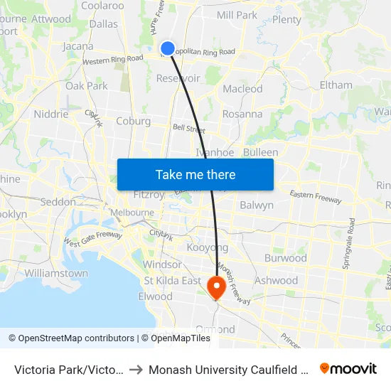Victoria Park/Victoria Dr to Monash University Caulfield Campus map