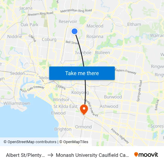 Albert St/Plenty Rd to Monash University Caulfield Campus map
