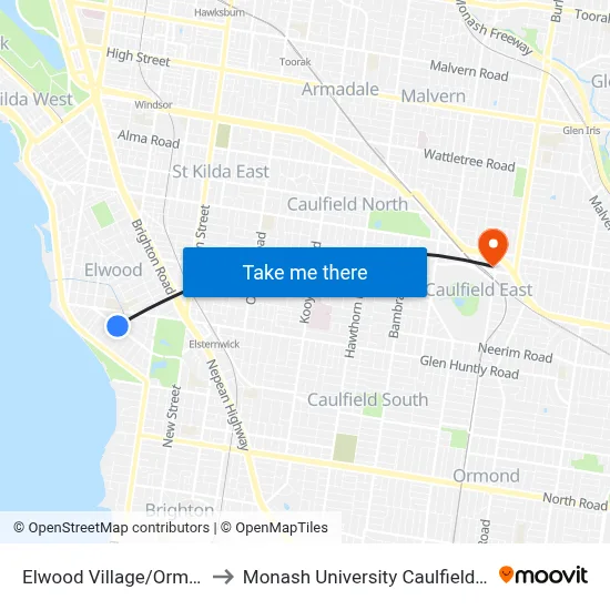 Elwood Village/Ormond Rd to Monash University Caulfield Campus map