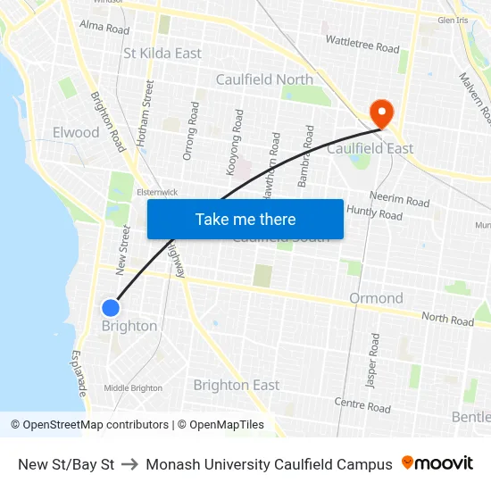 New St/Bay St to Monash University Caulfield Campus map