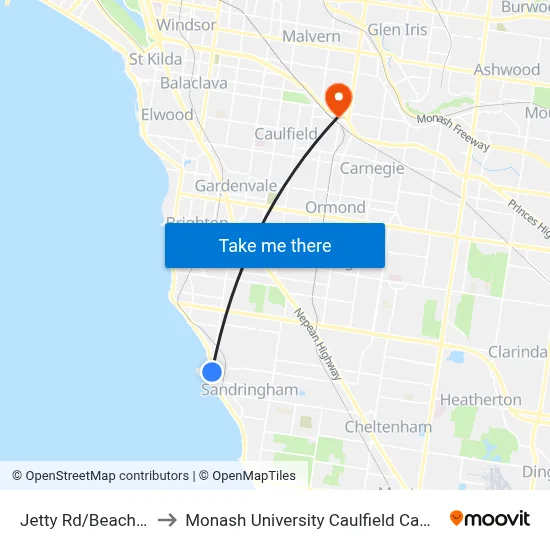 Jetty Rd/Beach Rd to Monash University Caulfield Campus map