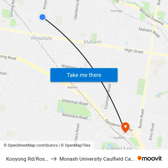 Kooyong Rd/Rose St to Monash University Caulfield Campus map