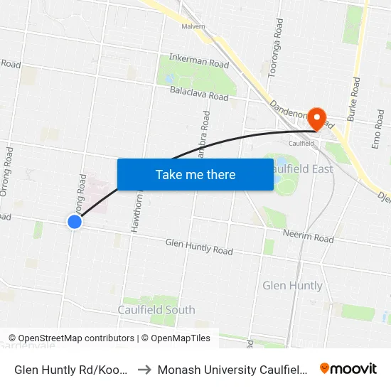 Glen Huntly Rd/Kooyong Rd to Monash University Caulfield Campus map