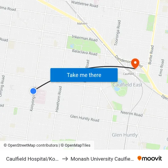 Caulfield Hospital/Kooyong Rd to Monash University Caulfield Campus map