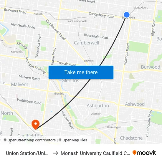 Union Station/Union Rd to Monash University Caulfield Campus map
