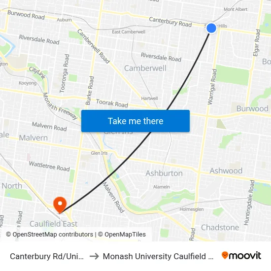Canterbury Rd/Union Rd to Monash University Caulfield Campus map