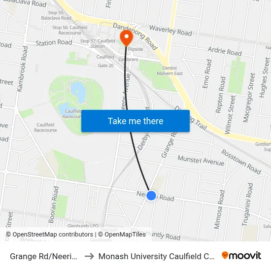 Grange Rd/Neerim Rd to Monash University Caulfield Campus map