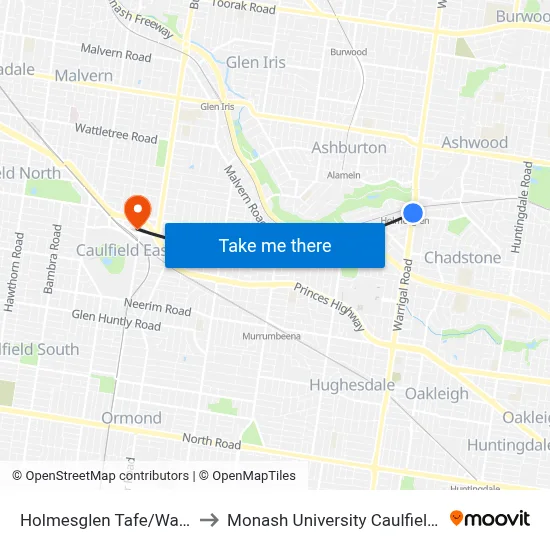 Holmesglen Tafe/Warrigal Rd to Monash University Caulfield Campus map
