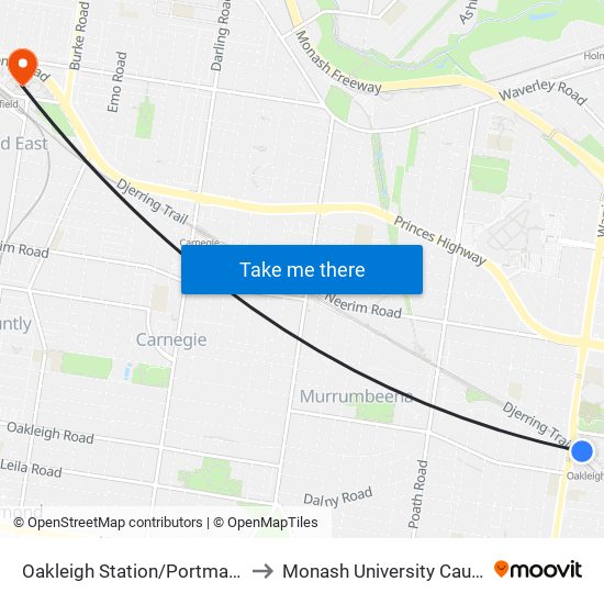 Oakleigh Station/Portman St (Oakleigh) to Monash University Caulfield Campus map