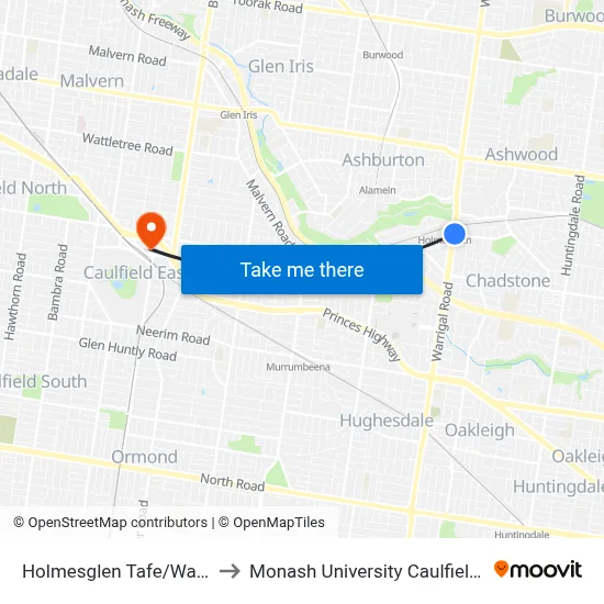 Holmesglen Tafe/Warrigal Rd to Monash University Caulfield Campus map