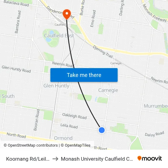 Koornang Rd/Leila Rd to Monash University Caulfield Campus map