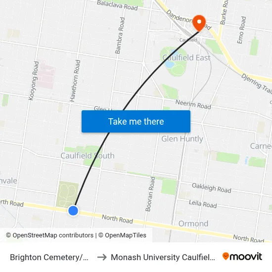 Brighton Cemetery/North Rd to Monash University Caulfield Campus map