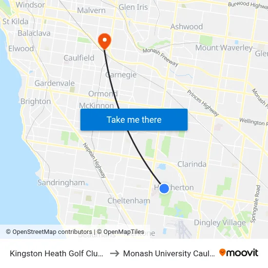 Kingston Heath Golf Club/Kingston Rd to Monash University Caulfield Campus map