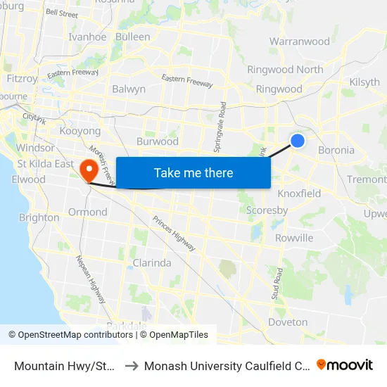 Mountain Hwy/Stud Rd to Monash University Caulfield Campus map