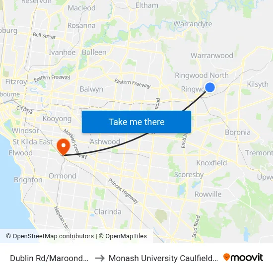 Dublin Rd/Maroondah Hwy to Monash University Caulfield Campus map