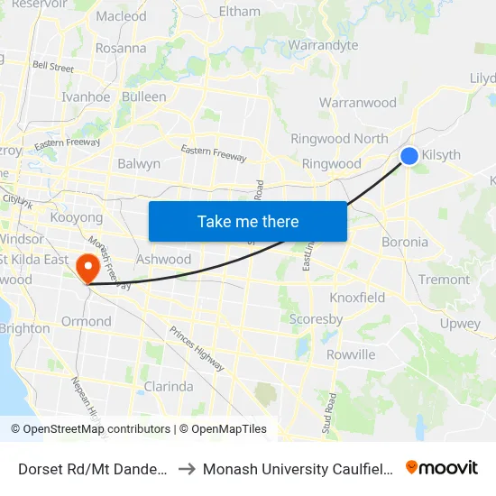 Dorset Rd/Mt Dandenong Rd to Monash University Caulfield Campus map