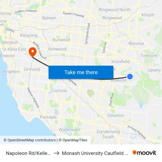 Napoleon Rd/Kelletts Rd to Monash University Caulfield Campus map