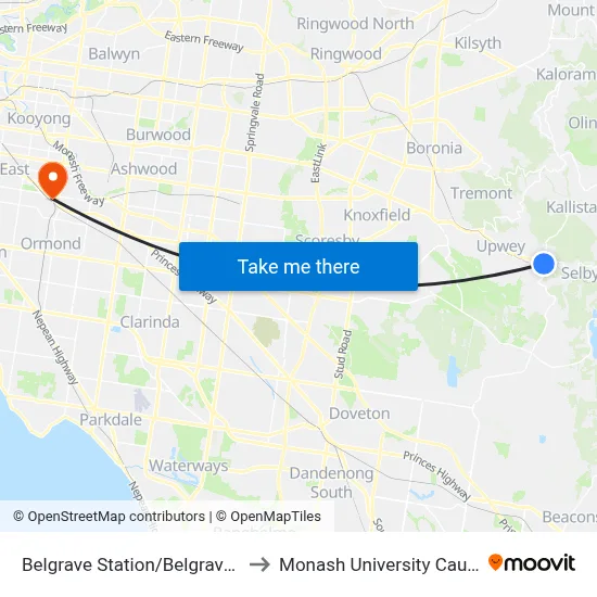 Belgrave Station/Belgrave-Gembrook Rd to Monash University Caulfield Campus map