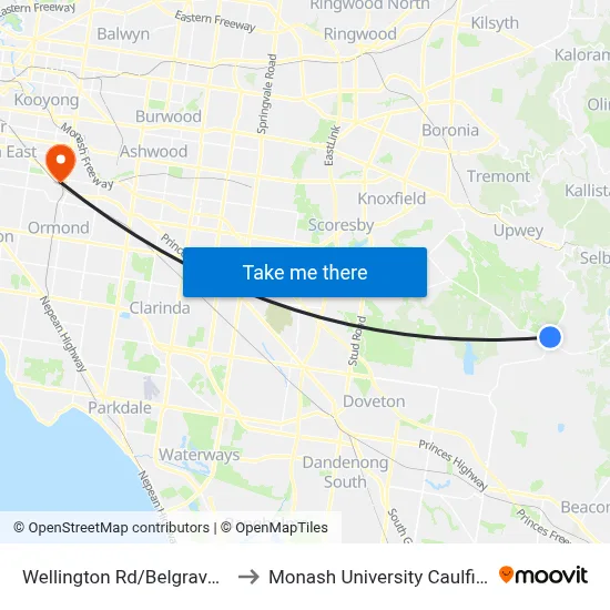 Wellington Rd/Belgrave-Hallam Rd to Monash University Caulfield Campus map