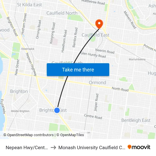 Nepean Hwy/Centre Rd to Monash University Caulfield Campus map