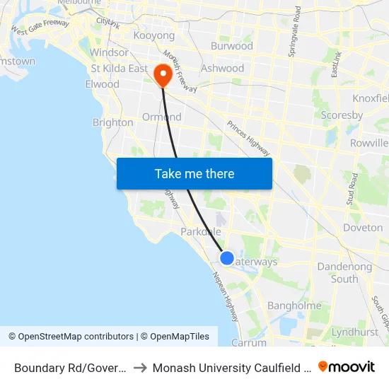 Boundary Rd/Governor Rd to Monash University Caulfield Campus map
