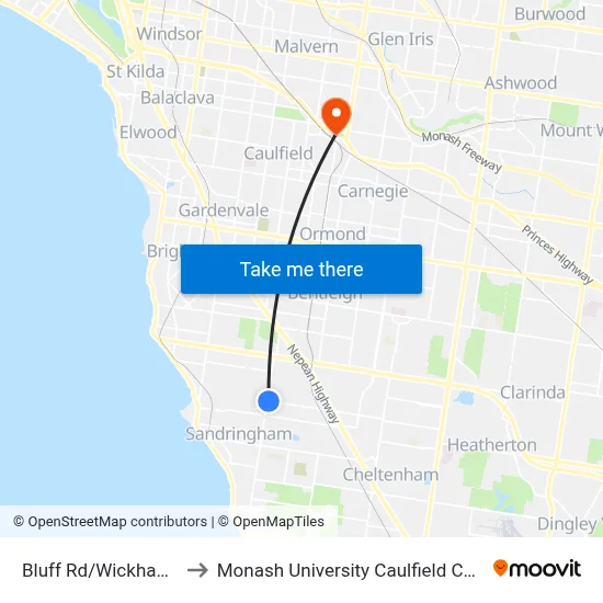 Bluff Rd/Wickham Rd to Monash University Caulfield Campus map
