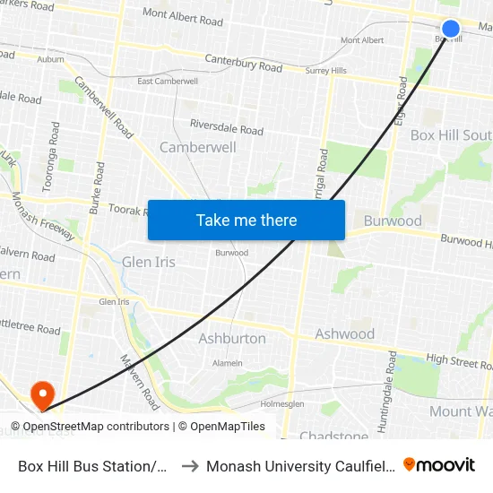 Box Hill Bus Station/Station St to Monash University Caulfield Campus map