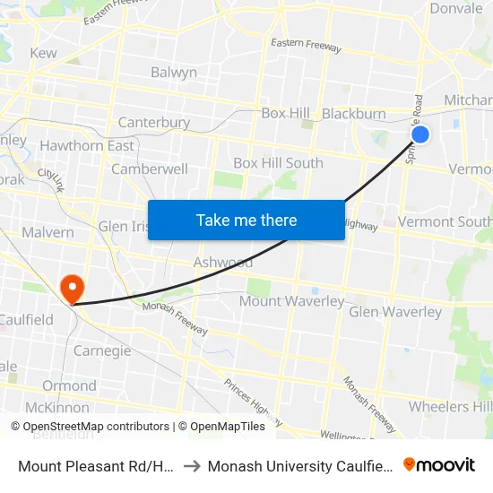 Mount Pleasant Rd/Heather Gr to Monash University Caulfield Campus map