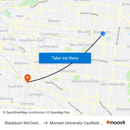 Blackburn Rd/Central Rd to Monash University Caulfield Campus map